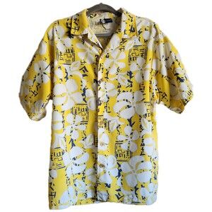 Bullhead Island Series Men's Shirt Size Large Yellow Hawaiian Plumeria Aloha EUC